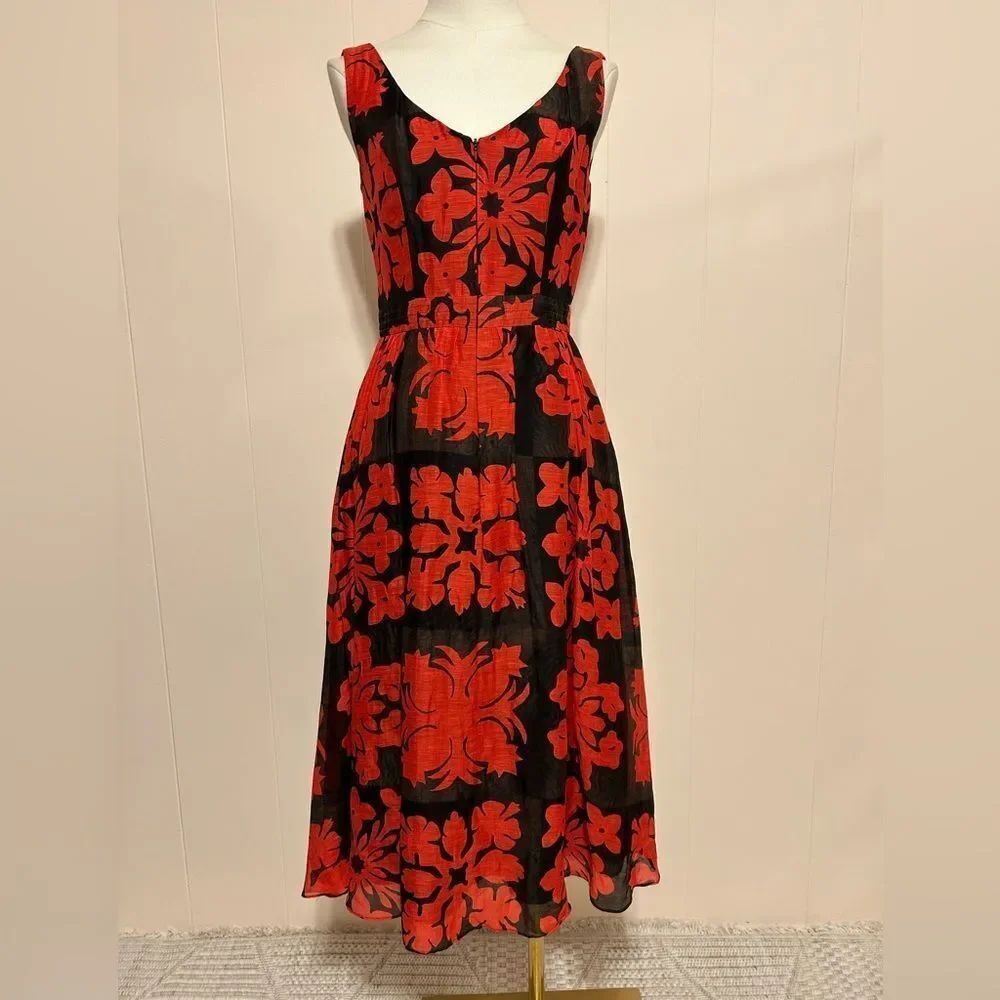 Cynthia Rowley linen zip front Red and Black Floral Midi Dress size 4